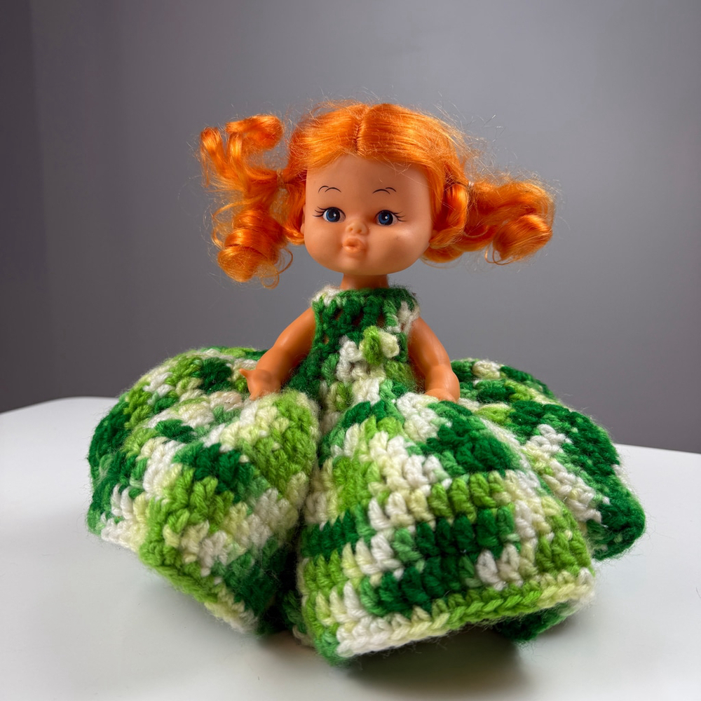 Vintage 70's - 80's Doll with Orange Hair and Green & White Crocheted Dress